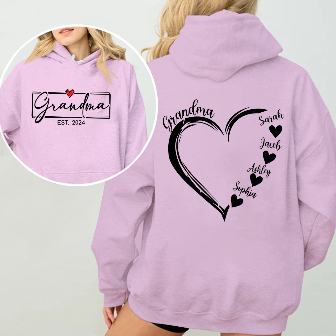 Personalized Grandma Est. Hoodie with Grandkids Names in Heart - Custom Gift for Grandma Hoodie