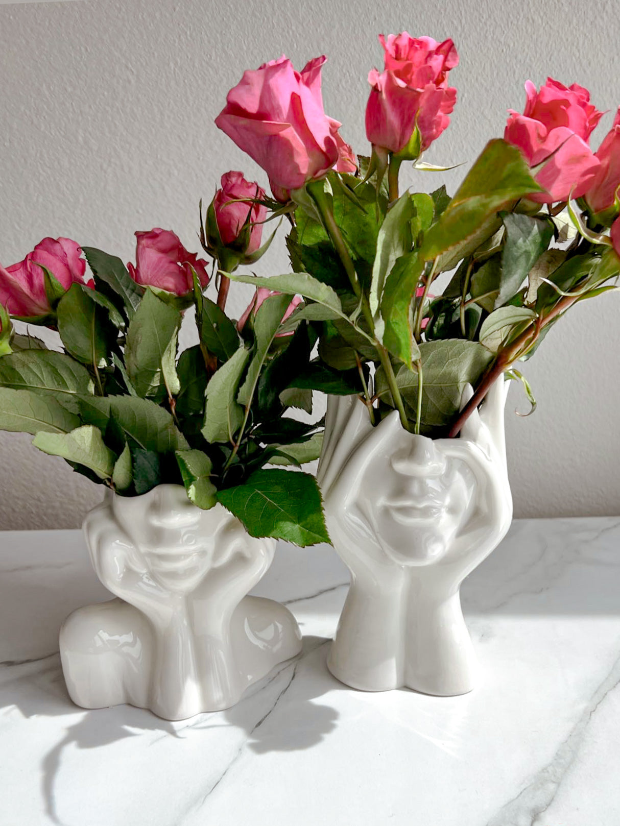 “Her” & Angelica Ceramic Vase Set of 2 decorated with pink roses.