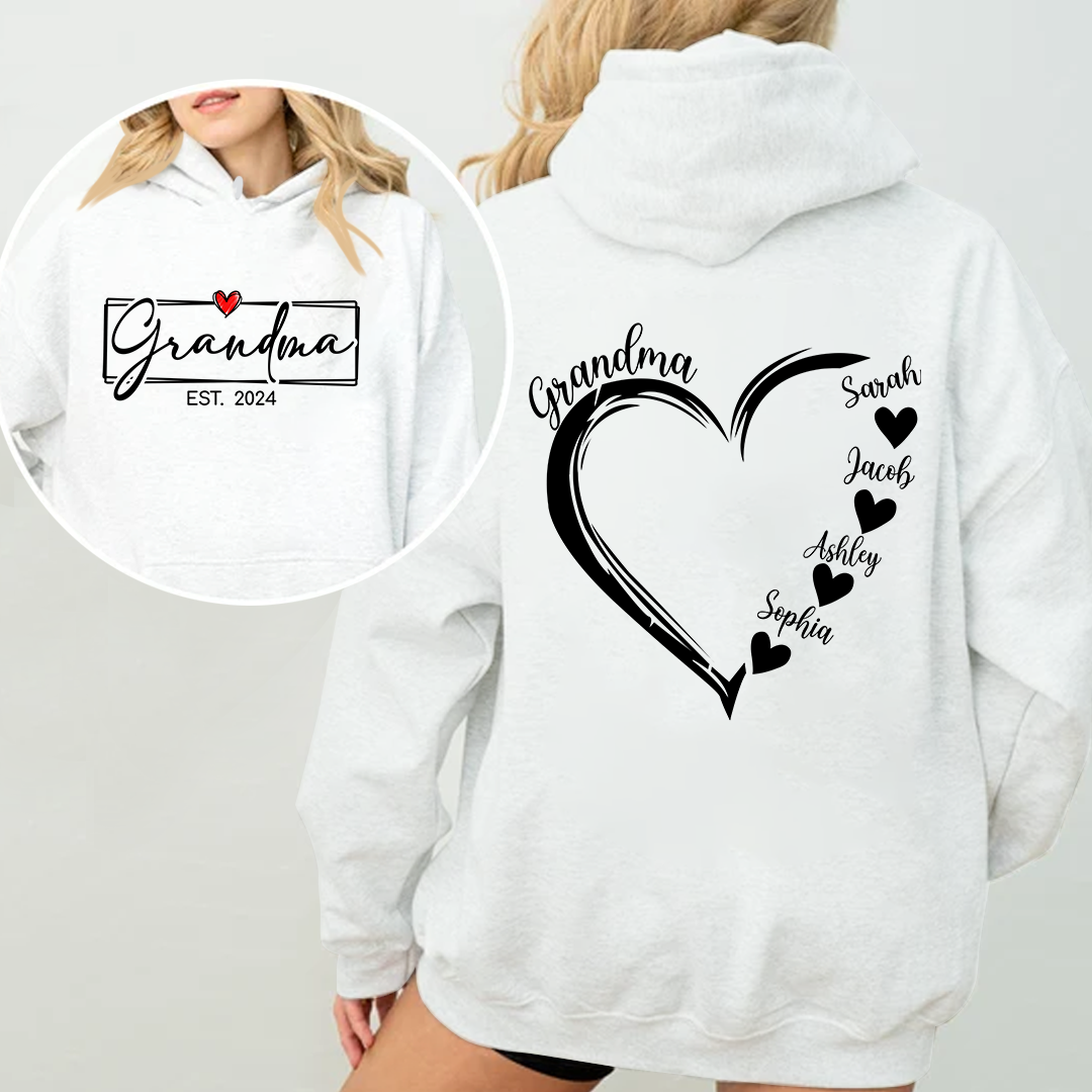 Personalized Grandma Est. Hoodie with Grandkids Names in Heart - Custom Gift for Grandma Hoodie