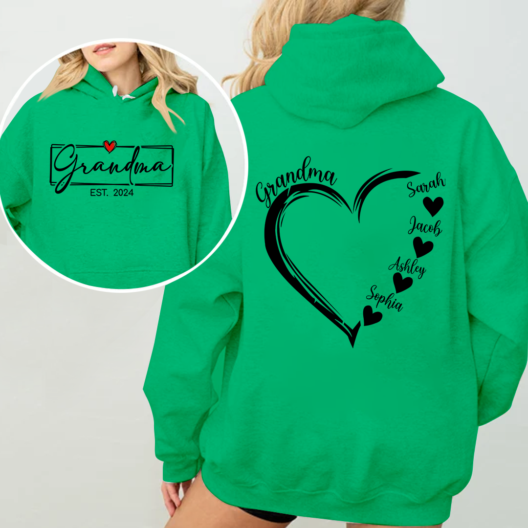 Personalized Grandma Est. Hoodie with Grandkids Names in Heart - Custom Gift for Grandma Hoodie