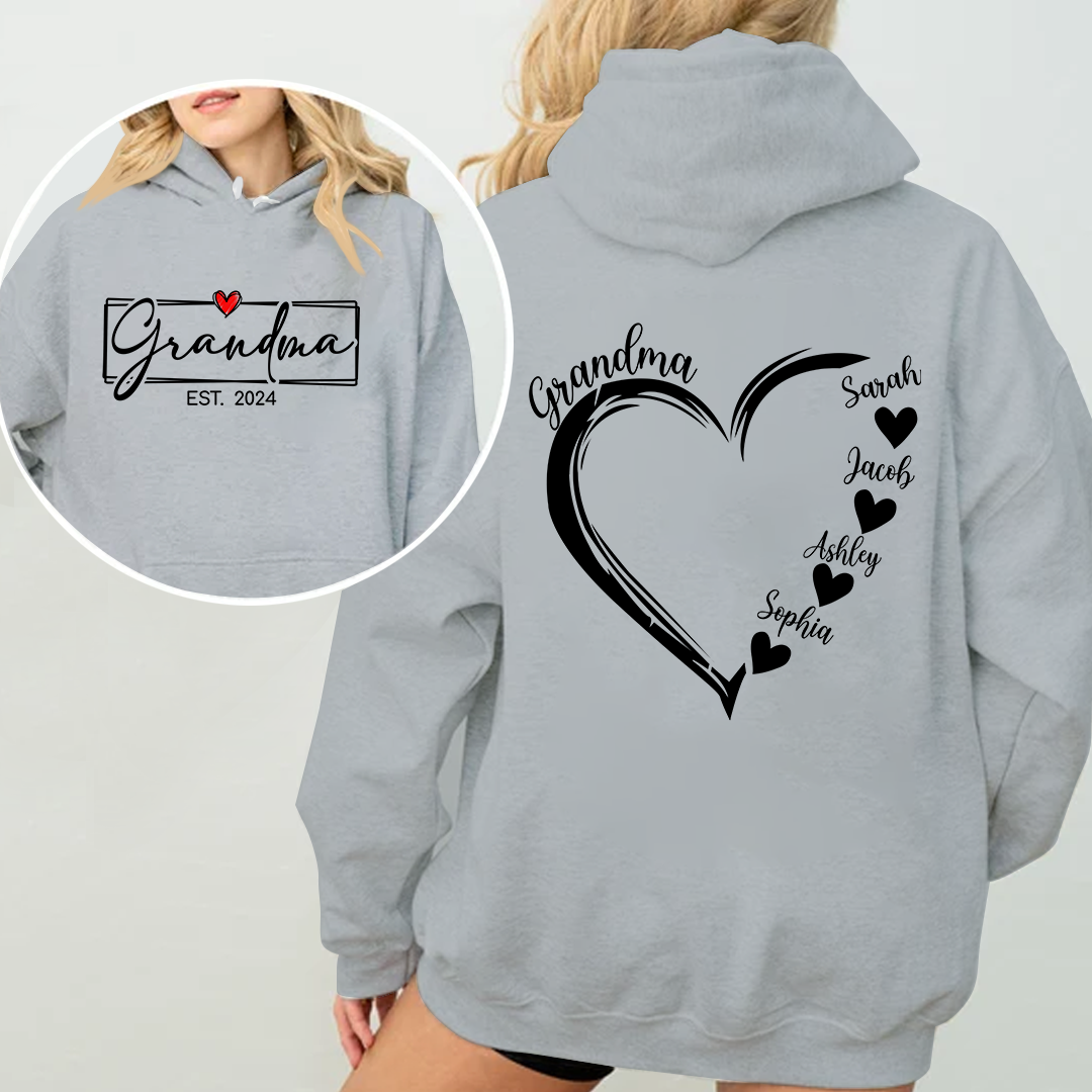 Personalized Grandma Est. Hoodie with Grandkids Names in Heart - Custom Gift for Grandma Hoodie