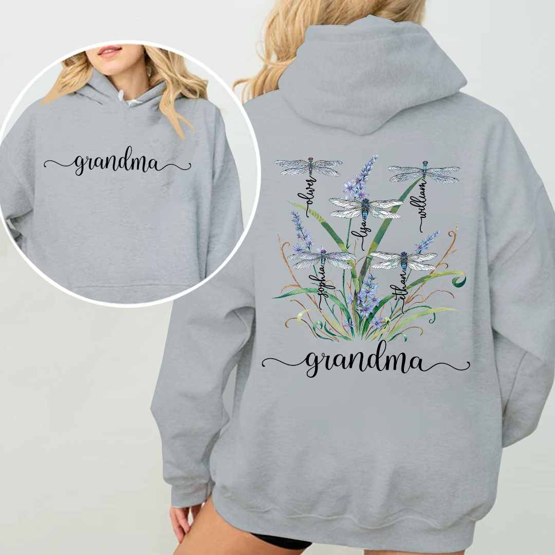 Personalized Dragonfly Grandma Hoodie with Grandkids' Names - Floral Design - Custom Family Gift for Grandma