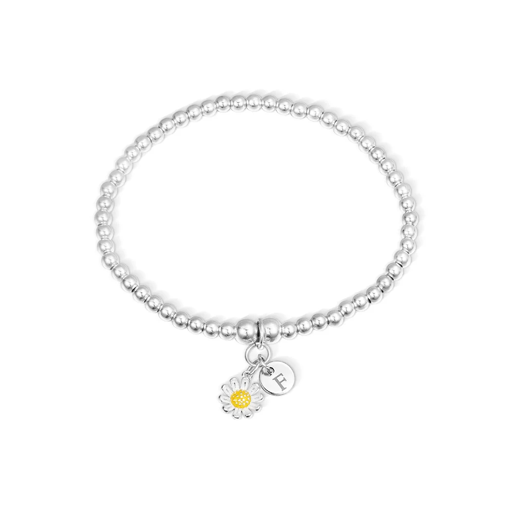 Personalized Beaded Bracelet with Daisy Charm And Engraved Initial Gift for Her Baby Shower