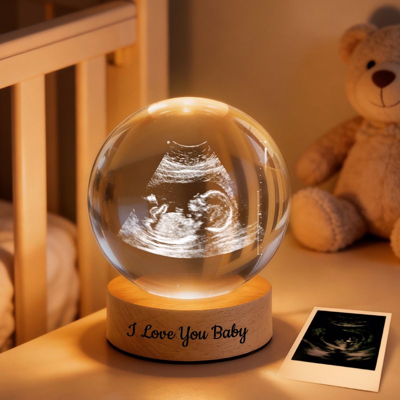 Custom Baby Ultrasound - Personalized Crystal Ball LED Night Light - Engraved Wooden Base, Sentimental Mother's Day Gift for Her