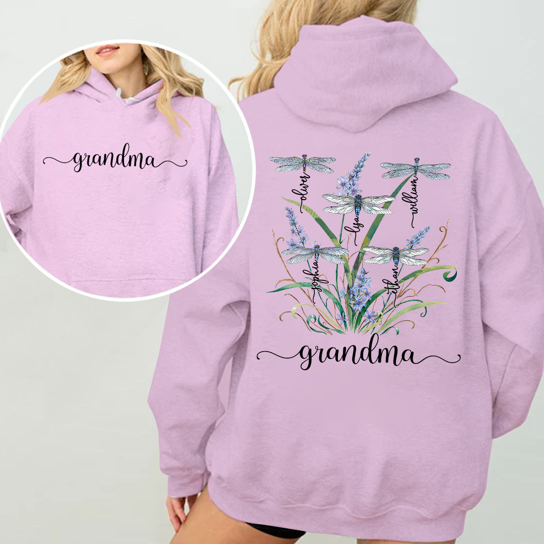 Personalized Dragonfly Grandma Hoodie with Grandkids' Names - Floral Design - Custom Family Gift for Grandma