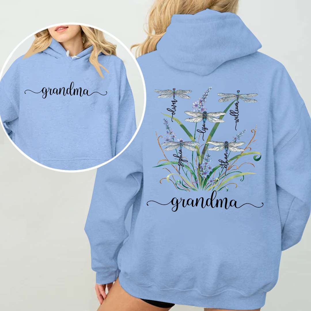 Personalized Dragonfly Grandma Hoodie with Grandkids' Names - Floral Design - Custom Family Gift for Grandma