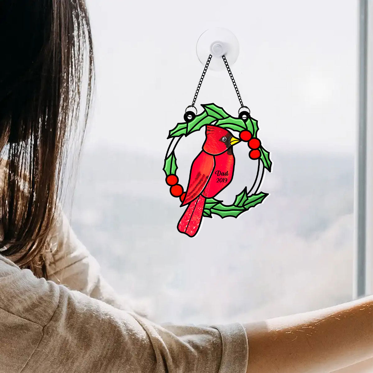 Christmas Wreath Cardinal Memorial Personalized Window Hanging Suncatcher Ornament, Sympathy Gift