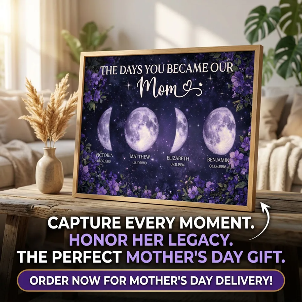 Purple Flowers The Day You Became Mom Grandma Custom Birth Moon Phase - Personalized Poster - Mother's Day Gift For Mom, Grandma