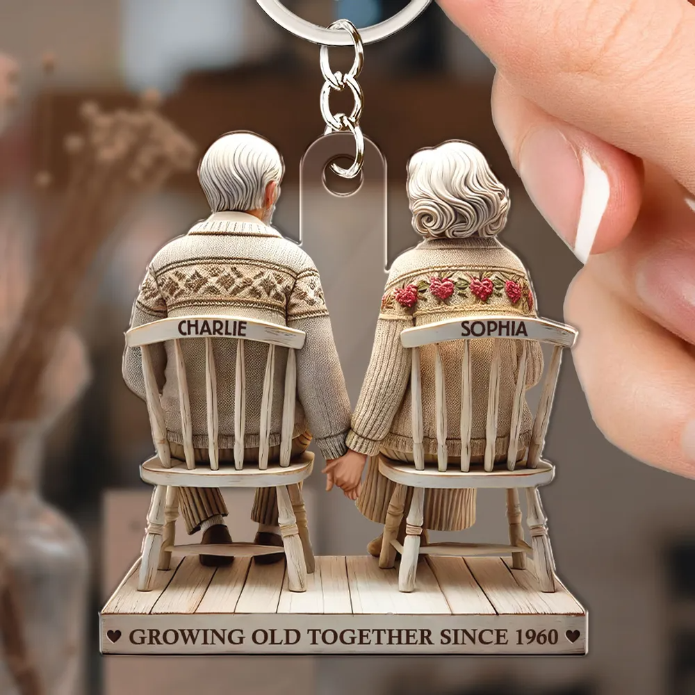 3D Effect Old Couple Holding Hands Sitting Together Personalized Keychain, Heartfelt Gift For Couple, For Him, For Her, Husband, Wife