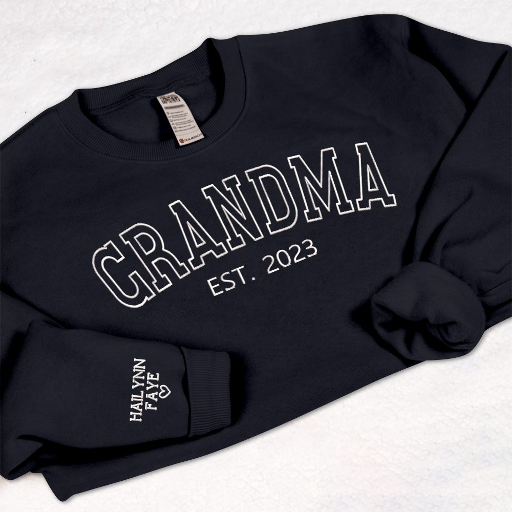 Personalized Grandma Embroidered Sweatshirt, Custom Grandma Est And Kids Name On Sleeve Sweatshirt, Mother's Day Gift For Grandma Mimi Nana Gigi Gaga