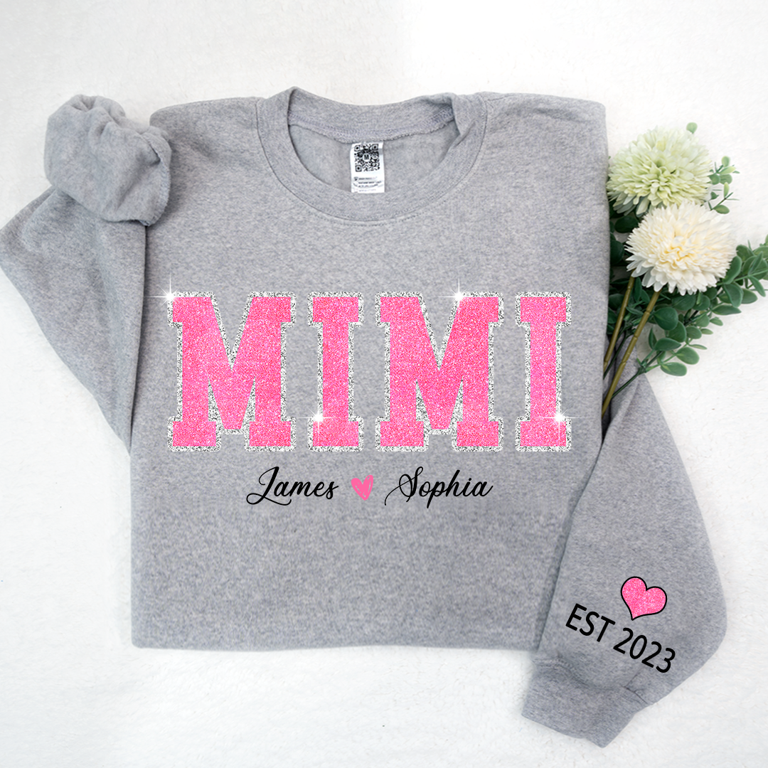 Personalized Mimi Pink Glitter, Custom Grandma Est With Kids TH Sweatshirt