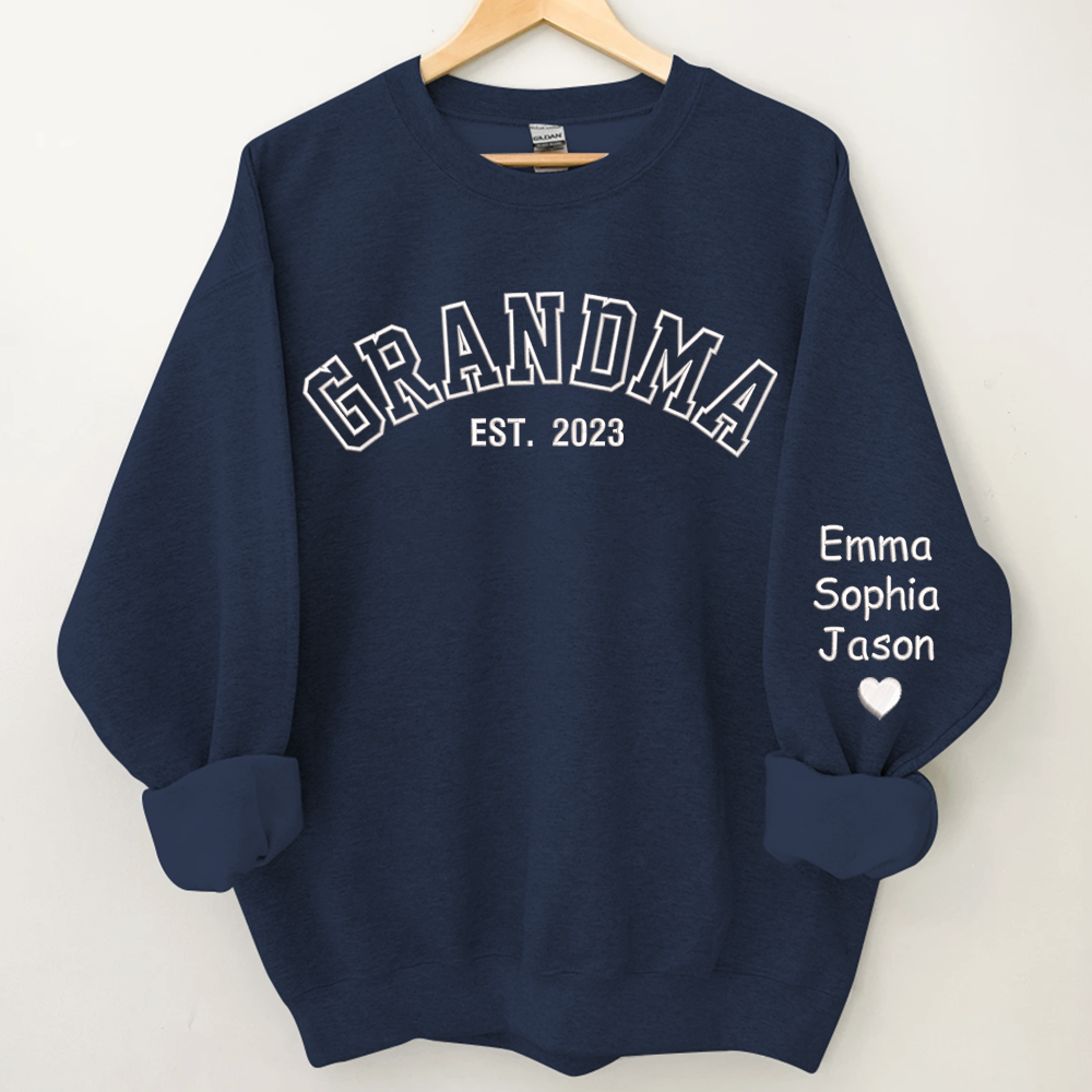 Custom Grandma Embroidered Sweatshirt, Grandma Est And Kids Name On Sleeve Sweatshirt, Mother's Day Gift For Grandma Mimi Nana Gigi Gaga Grammy