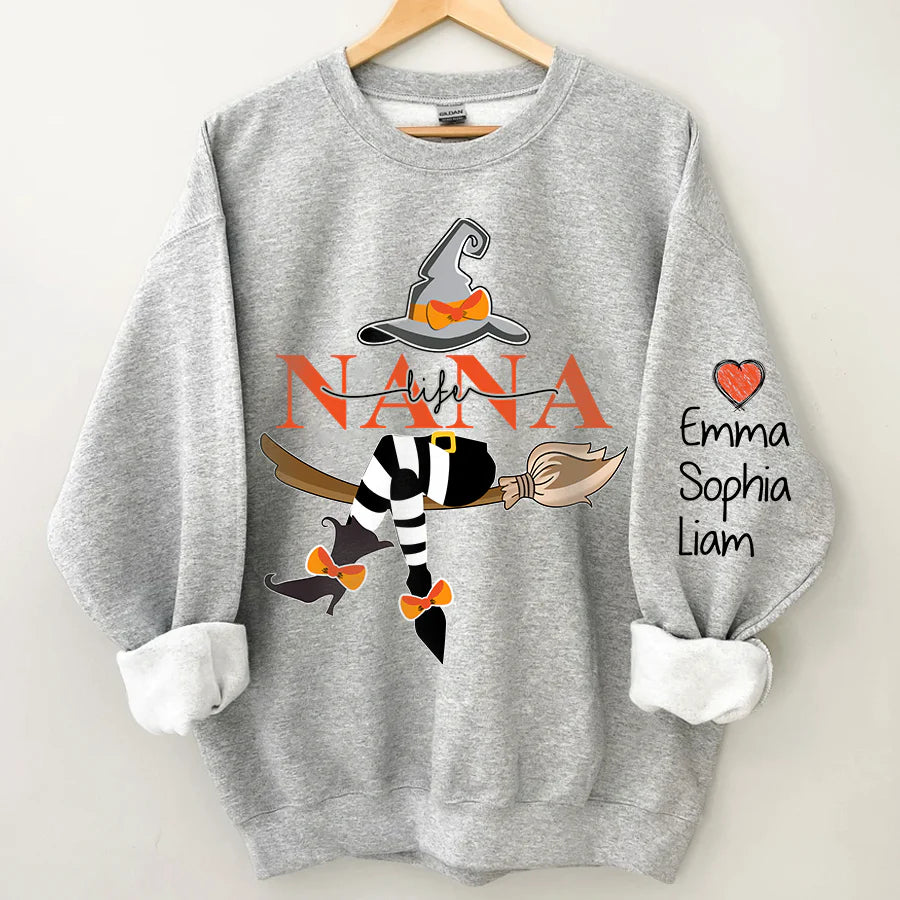 Personalized Nana Life Witch Halloween Sweatshirt, Custom Grandma With Grandkids Name On The Sleeve Halloween Sweatshirt