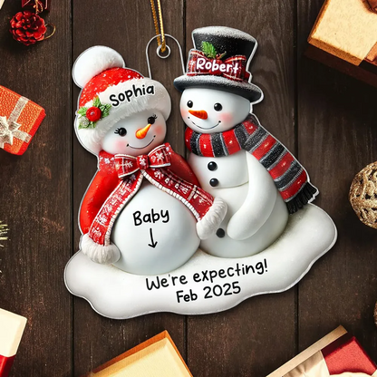 Snowman Couple Expecting Parents Pregnancy Announcement 3D Effect Keepsake Personalized Acrylic Ornament