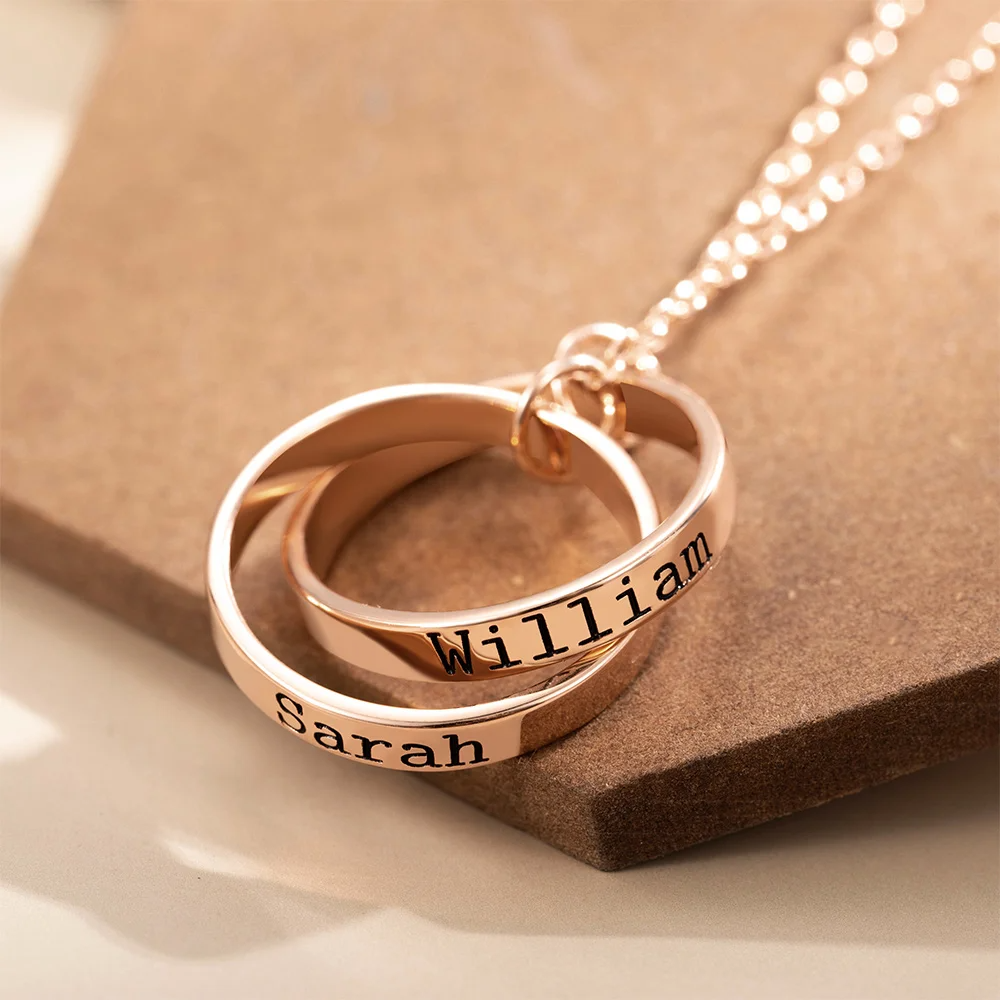 Personalized Interlocking Circles Double Rings Necklace with Engraved Name Valentine's Day Anniversary Gift for Women