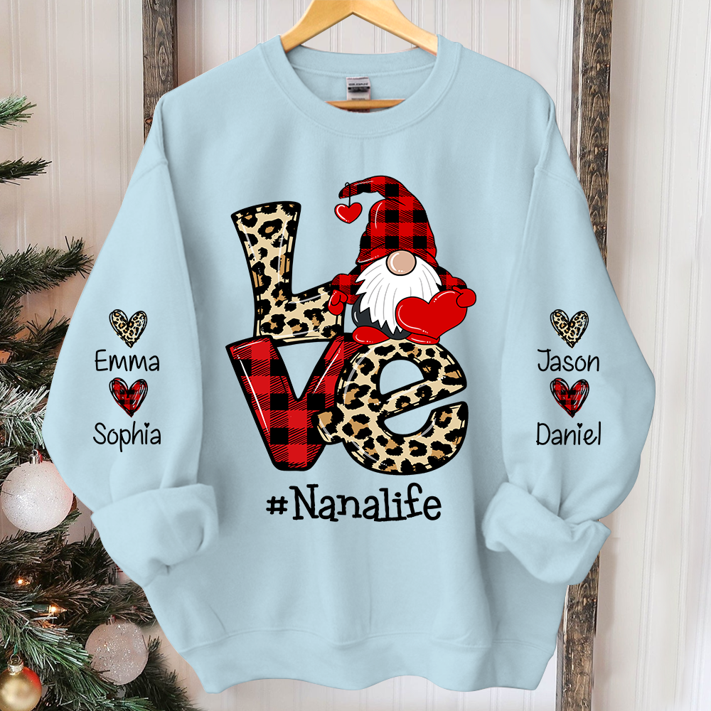 Love Nana Life Leopard Plaid Gnome Heart, Custom Nana And Kids Christmas, Grandma Gift TH Sweatshirt