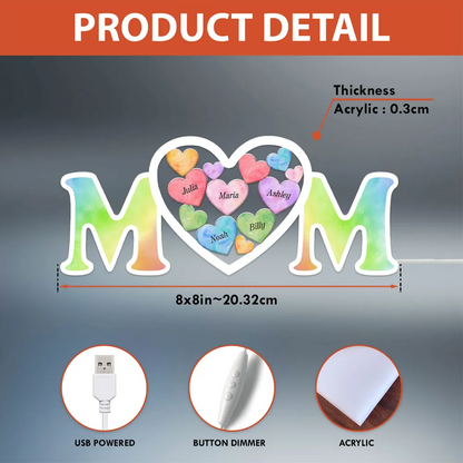 MOM Colorful Hearts In Heart Personalized Light Box, Mother's Day gift for Mom