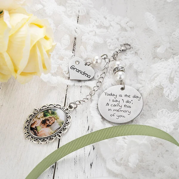 Personalised Lace Oval Photo Bouquet Charm with Heart Engraved Pendant Memorial Wedding Gift for Bride