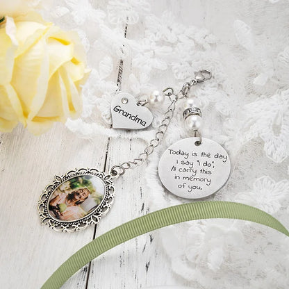 Personalised Lace Oval Photo Bouquet Charm with Heart Engraved Pendant Memorial Wedding Gift for Bride