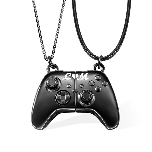 Personalised Gamepad Magnetic Pendant Necklace with Engraved Initials Valentine's Day Gift for Game Couple