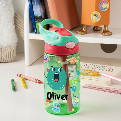 Personalised Colorful Cartoon Photo Name 16oz Kid's Water Bottle with Silicone Straw and Handle Birthday Back to School Gift for Boys Girls