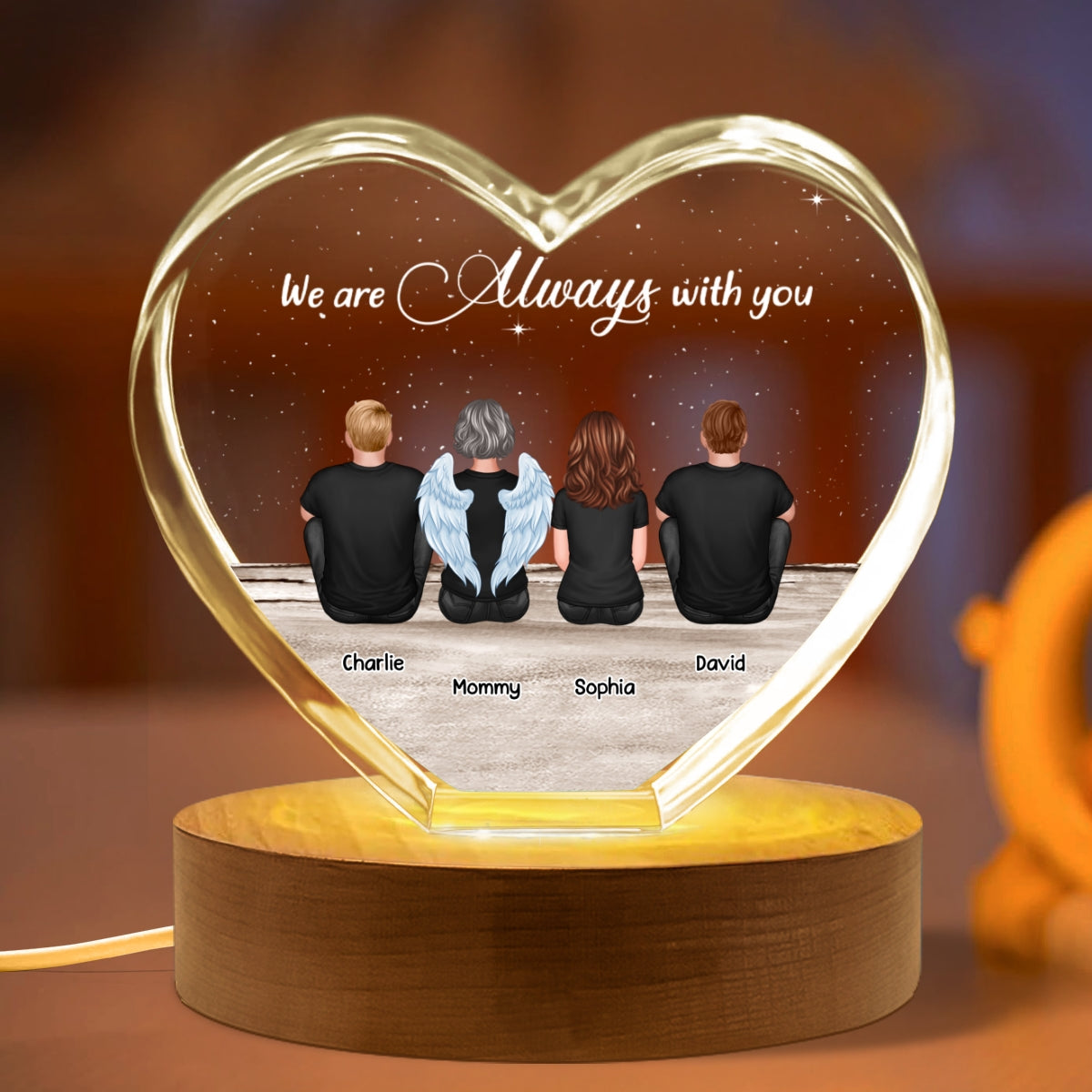 Always With You Sky Family Members, Memorial Personalized Premium Crystal Heart LED, Sympathy Gift, Free Delivery Included