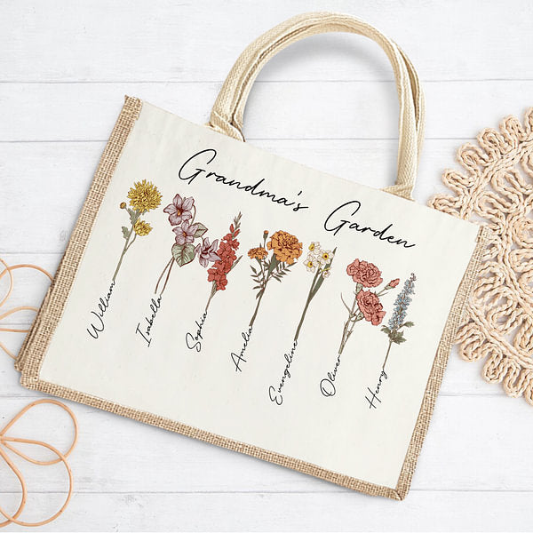 Personalised Large Capacity 1-20 Birth Flowers Garden Jute Tote Bag with Names Birthday Mother's Day Gift for Woman