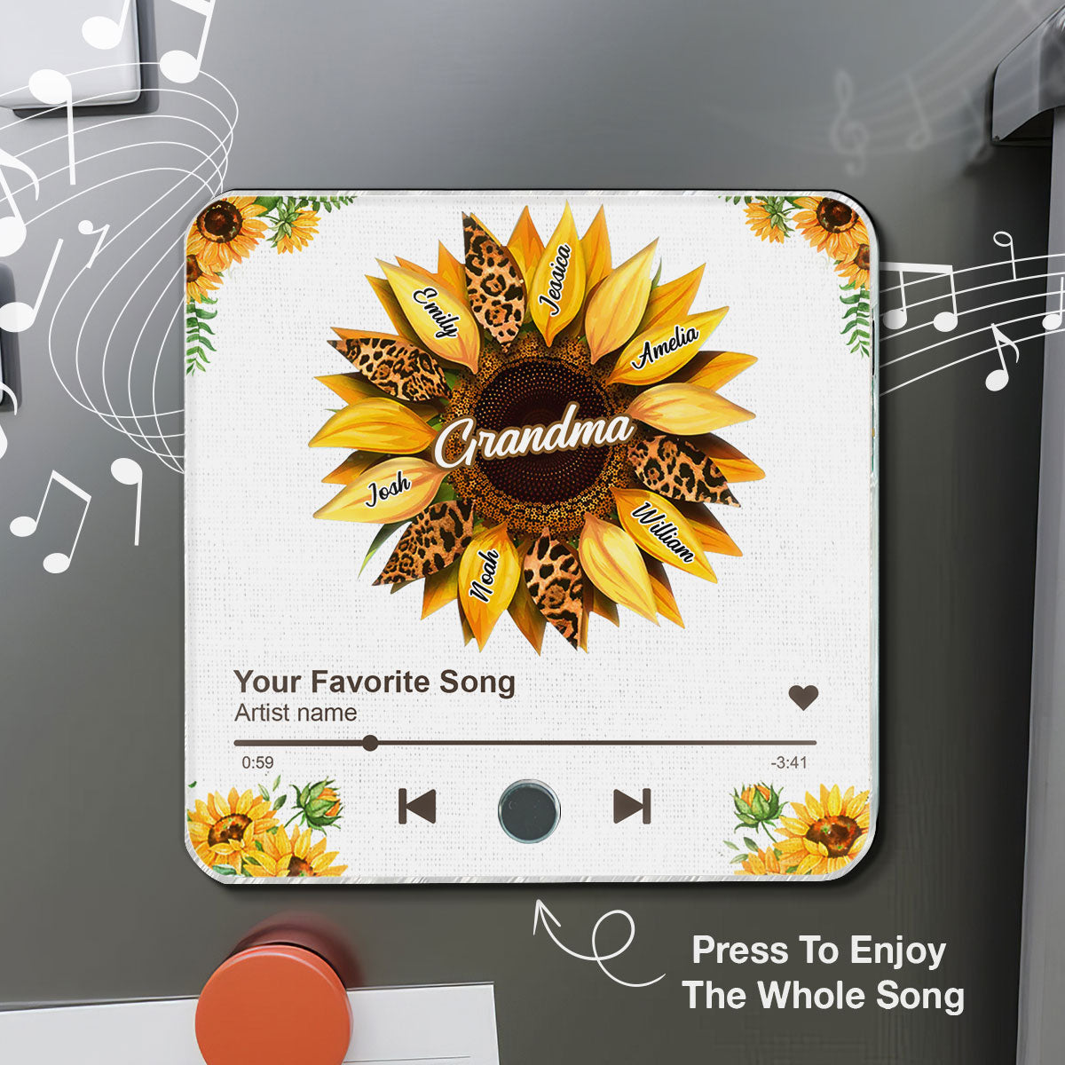 Nana Mom Sunflower Personalized Music Fridge Magnet, Heartfelt 2025 Mother's Day Birthday Gift For Mom