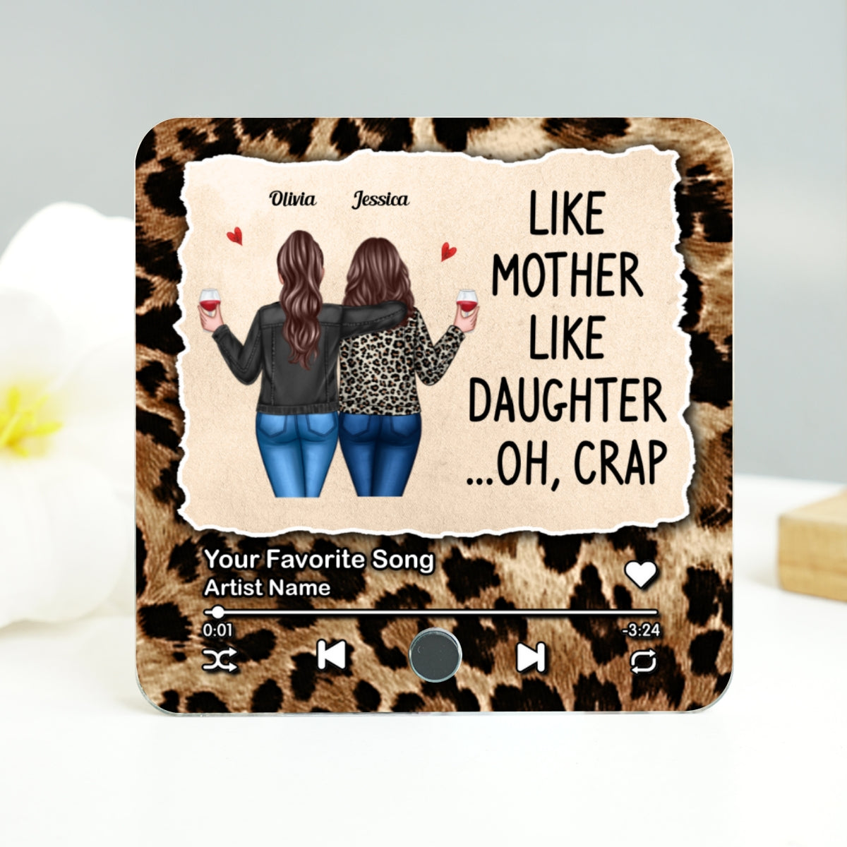 Like Mother Like Daughter Leopard Pattern Personalized Music Fridge Magnet, Funny Mother's Day Gift for Mom, Gift for her