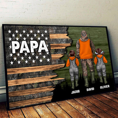 Hunting Dad Grandpa With Kids Half Nation Flag Personalized Horizontal Poster, Father's Day Gift For Dad, For Grandpa, For Husband