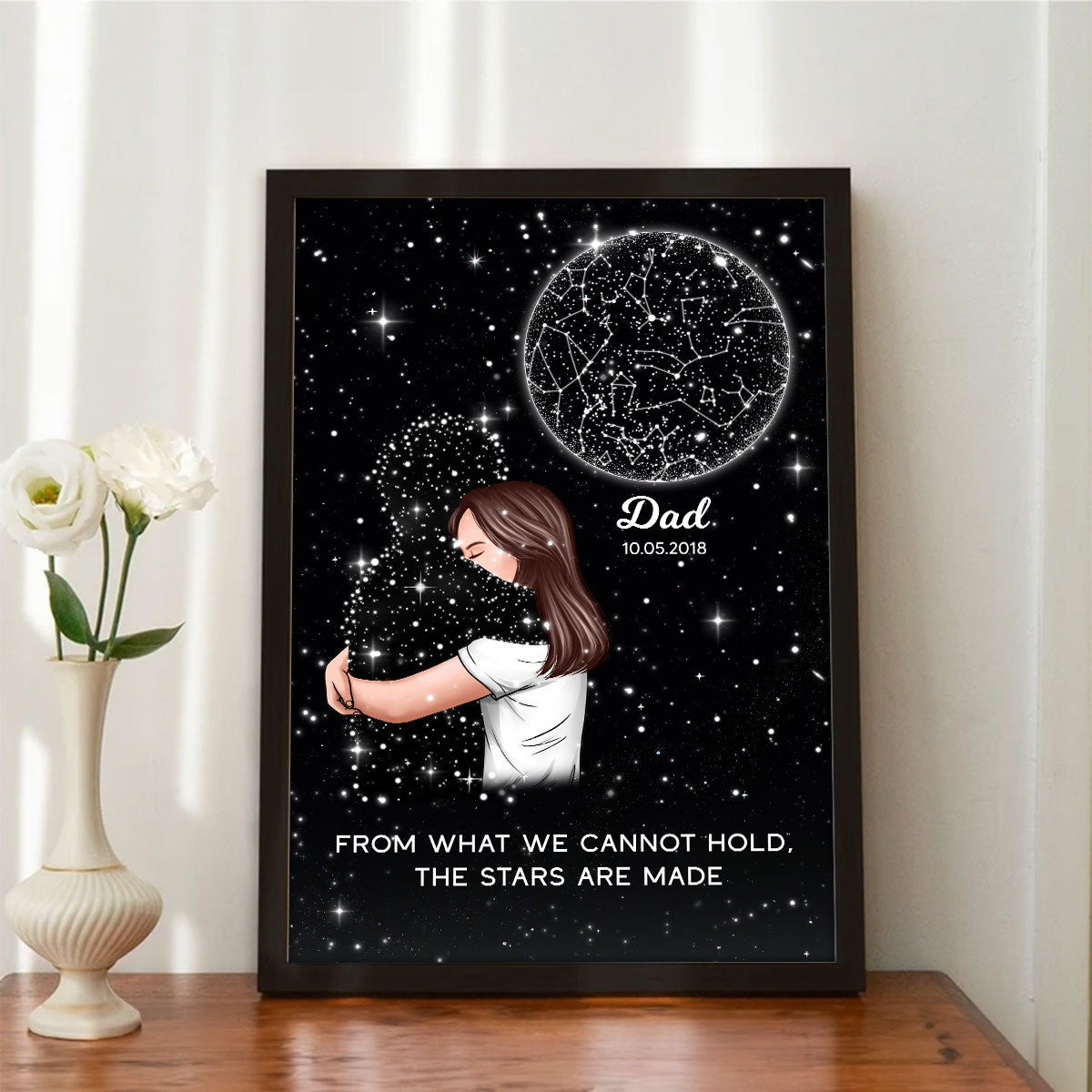 Lost Loved One Woman Hugging Star Map Galaxy Art Memorial Sympathy Gift Personalized Poster, Custom By Location And Date