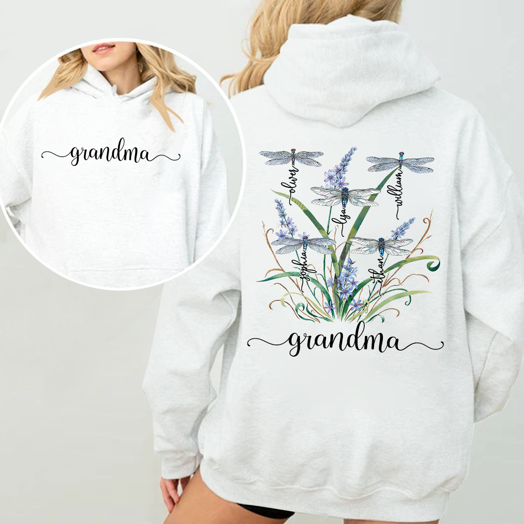 Personalized Dragonfly Grandma Hoodie with Grandkids' Names - Floral Design - Custom Family Gift for Grandma