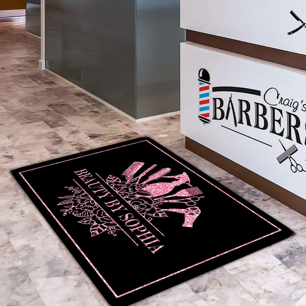 Personalised Floral Hair Cutting Tools Design Doormat with Text Salon Barber Shop Accessories Opening Gift for Hairstylist Hairdressing Lovers