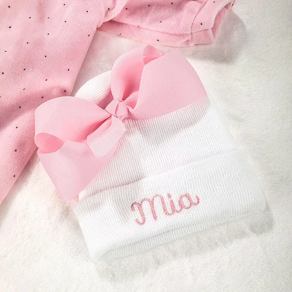 Personalised Pink Bow Girl Baby Hospital Knit Hat with Embroidered Name Soft Head Accessory Baby Shower Gift for Newborn