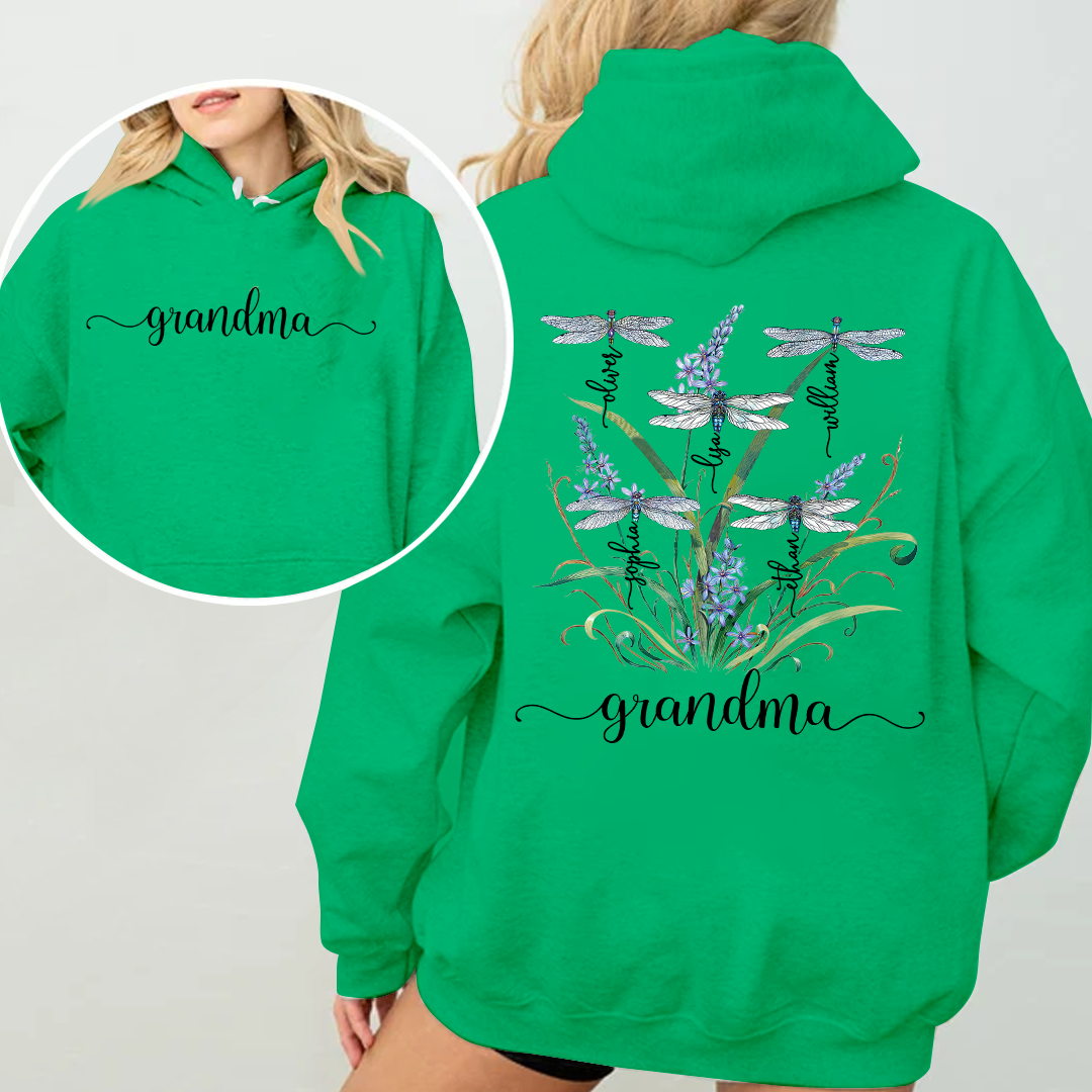 Personalized Dragonfly Grandma Hoodie with Grandkids' Names - Floral Design - Custom Family Gift for Grandma