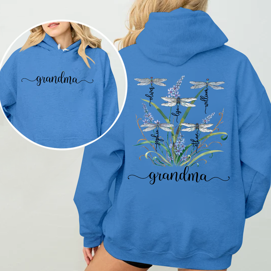 Personalized Dragonfly Grandma Hoodie with Grandkids' Names - Floral Design - Custom Family Gift for Grandma