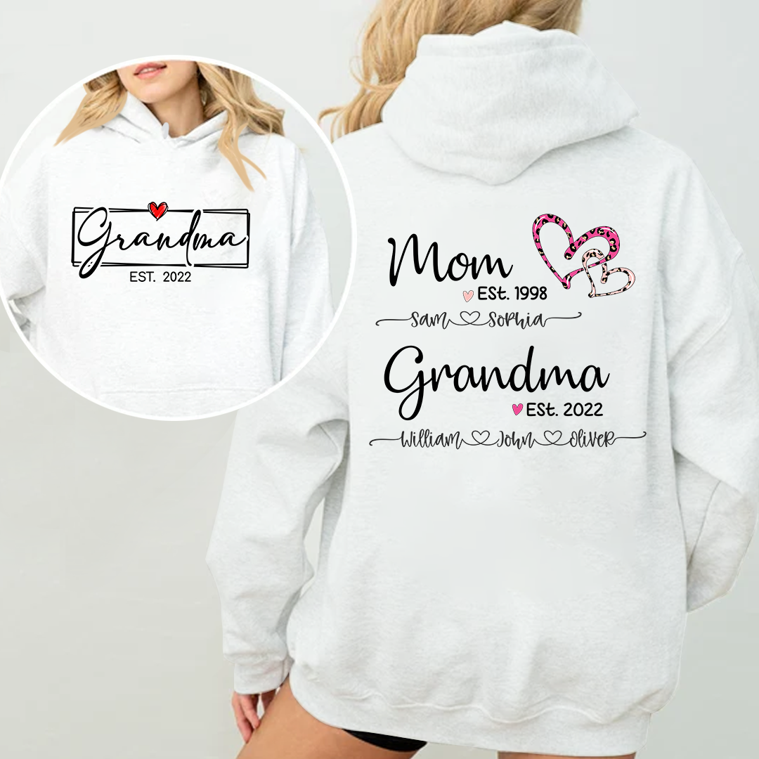 Personalized Mom Est. & Grandma Est. Hoodie with Kids' Names - Pink Leopard Heart Design - Custom Family Gift