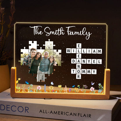 Family Crossword Puzzle Photo Uploaded Personalized U-Base Acrylic LED Night Light, Gift for Mom, Dad, Grandma