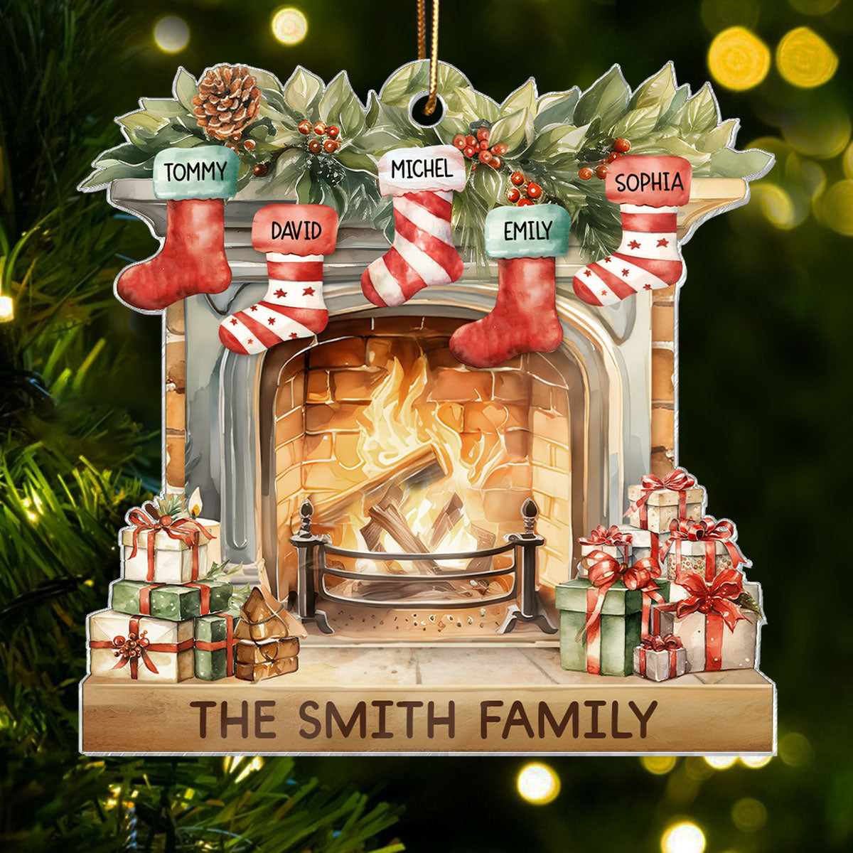 Vintage Christmas Stockings Fireplace Family Names Personalized Acrylic Ornament, Christmas Gift For Family