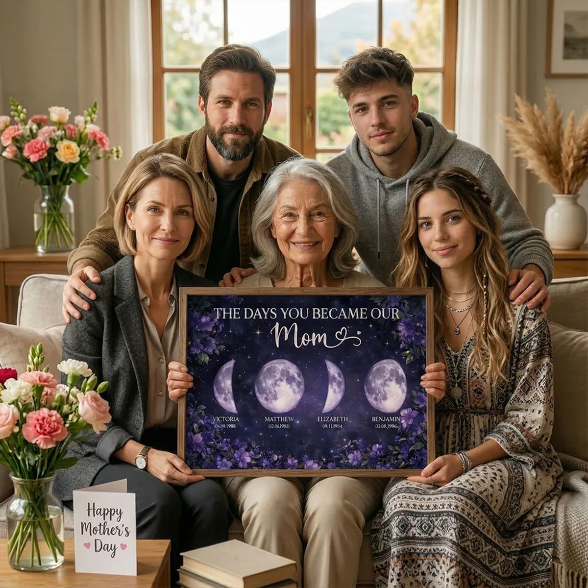 Purple Flowers The Day You Became Mom Grandma Custom Birth Moon Phase - Personalized Poster - Mother's Day Gift For Mom, Grandma