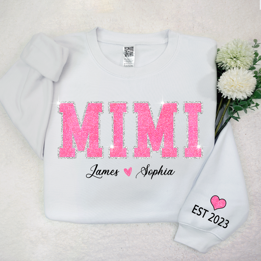 Personalized Mimi Pink Glitter, Custom Grandma Est With Kids TH Sweatshirt