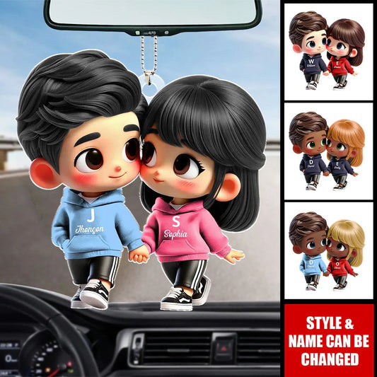 Cute Cartoon Couple Holding Hands Personalized Acrylic Car Hanger, Anniversary & Valentine's Day Gift for him, Gift for her