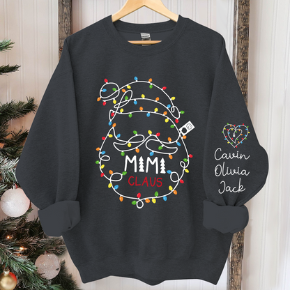 Custom Mimi Claus Christmas Lights Sweatshirt, Personalized Grandma Sweatshirt with Children Name on Sleeve