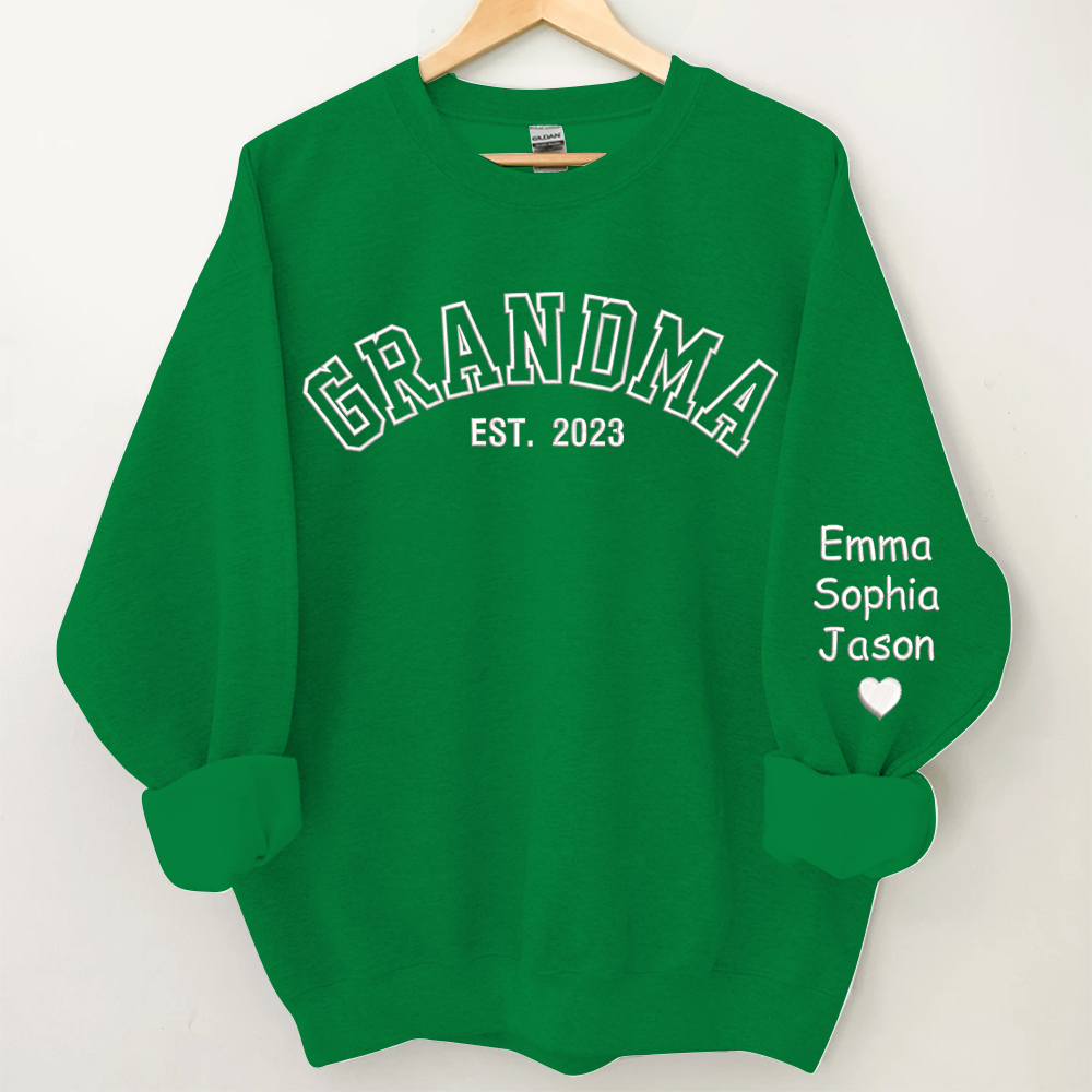 Custom Grandma Embroidered Sweatshirt, Grandma Est And Kids Name On Sleeve Sweatshirt, Mother's Day Gift For Grandma Mimi Nana Gigi Gaga Grammy