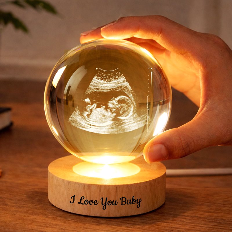 Custom Baby Ultrasound - Personalized Crystal Ball LED Night Light - Engraved Wooden Base, Sentimental Mother's Day Gift for Her