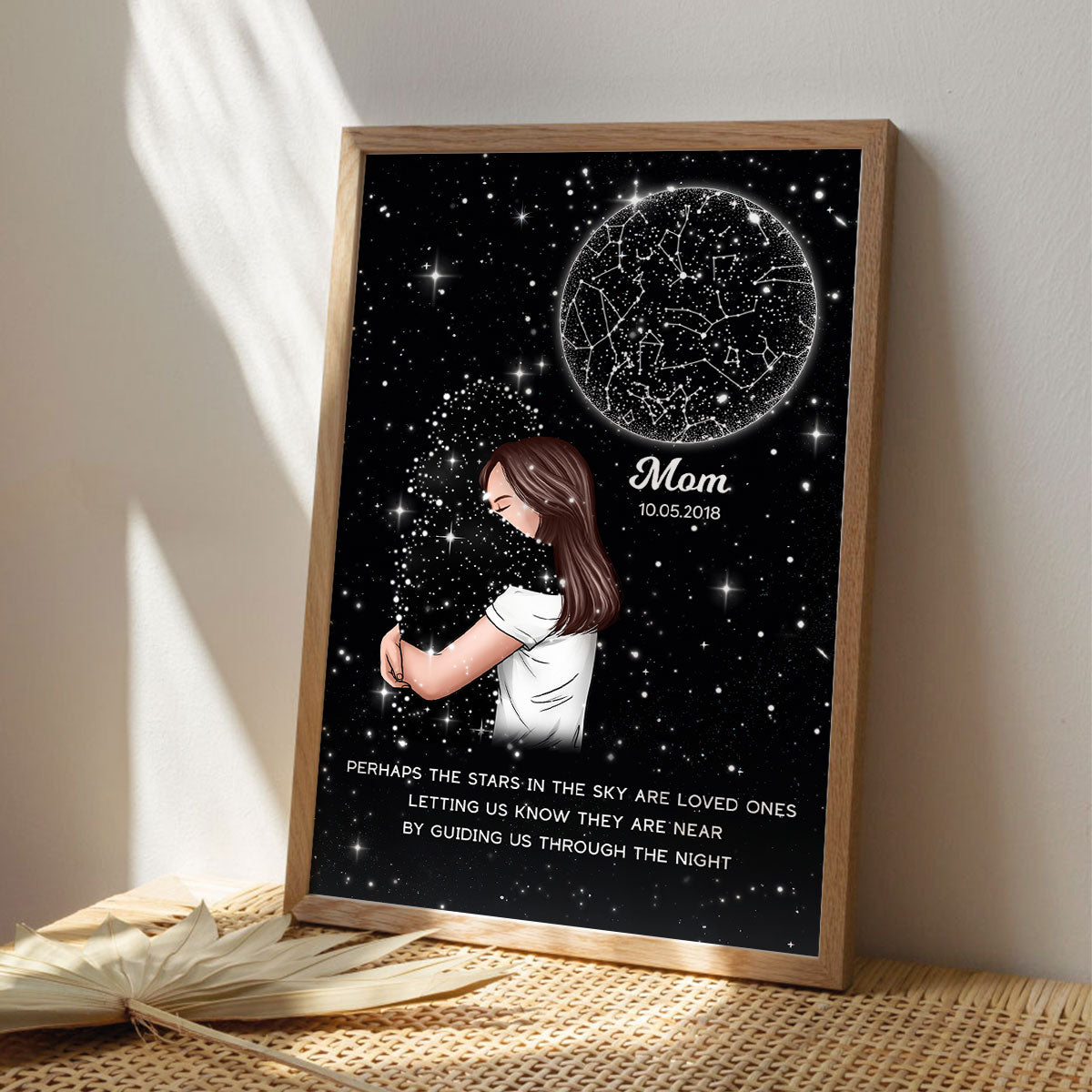 Lost Loved One Woman Hugging Star Map Galaxy Art Memorial Sympathy Gift Personalized Poster, Custom By Location And Date
