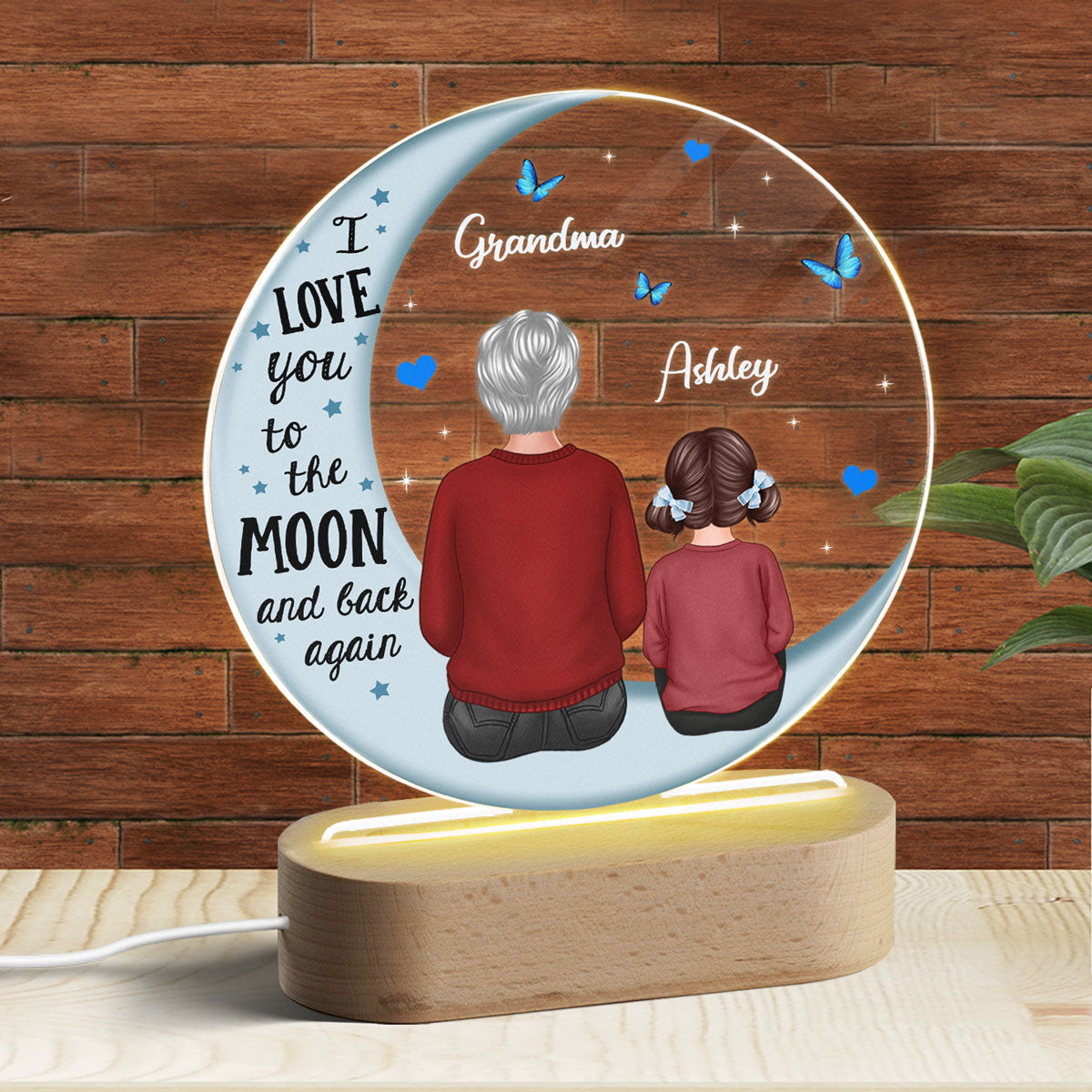 Grandma Grandkids Blue Moon Personalized Circle Plaque LED Night Light, Gift For Grandma