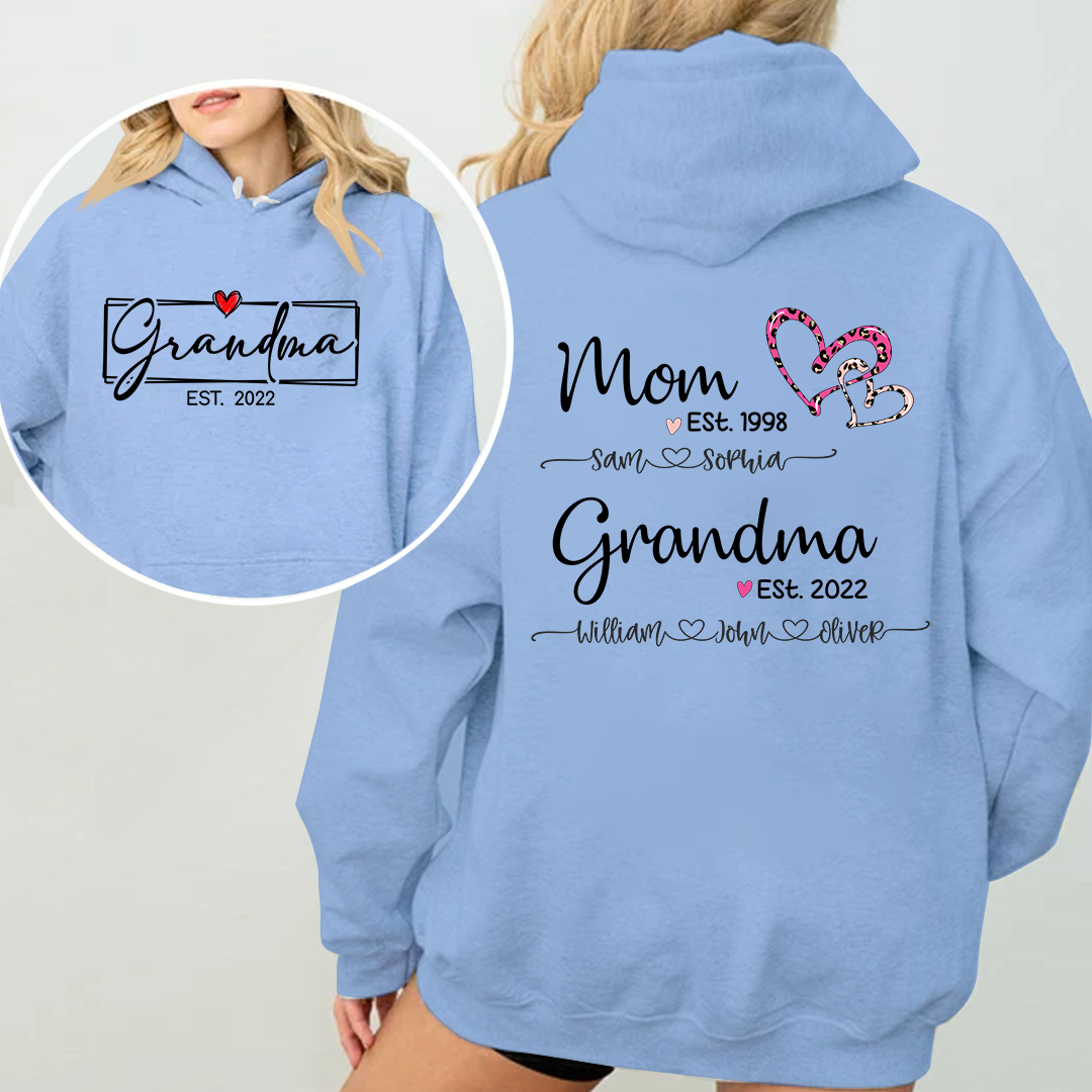 Personalized Mom Est. & Grandma Est. Hoodie with Kids' Names - Pink Leopard Heart Design - Custom Family Gift