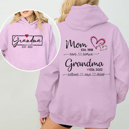 Personalized Mom Est. & Grandma Est. Hoodie with Kids' Names - Pink Leopard Heart Design - Custom Family Gift