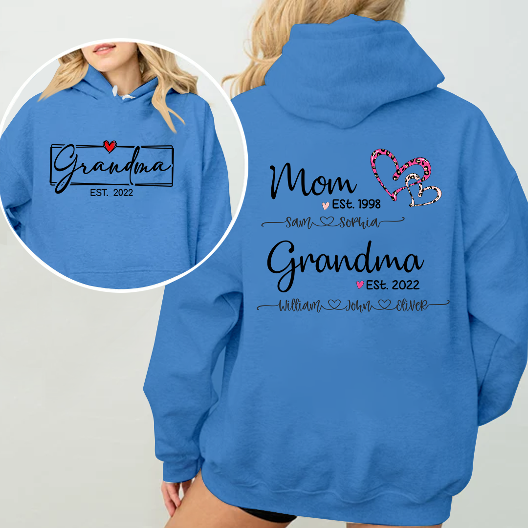 Personalized Mom Est. & Grandma Est. Hoodie with Kids' Names - Pink Leopard Heart Design - Custom Family Gift